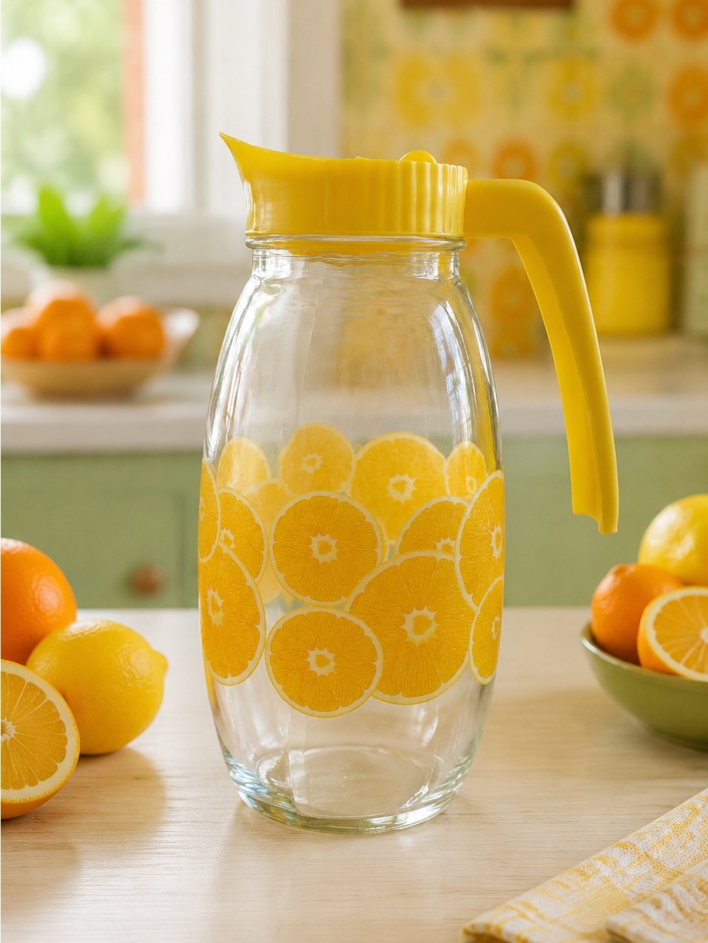 Vintage Orange Slice Glass Juice Pitcher Yellow Lid Retro MCM Kitchen